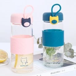 Juwas Cute Cat Glass Water Bottle