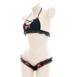 Juwas CLOTHING Kawaii Black And Red Sheer Lace Sleepwear Lingerie Intimate Set