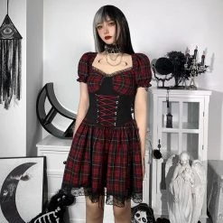 Juwas CLOTHING Gothic Red Plaid Lace Up Trim Mini Dress