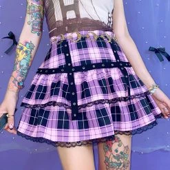 Juwas Purple Goth Moon Lace Ruffle Plaid Mini High Waist Skirt