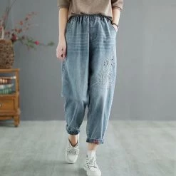 Juwas Retro Flower Embroidery Elastic Waist Cropped Jeans NEW ARRIVAL
