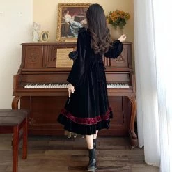 Juwas Bowknot Velvet Ruffle Midi Dress