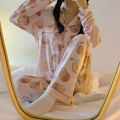 Juwas Sweet Plum Peach Print Long Sleeve Pajama Set CLOTHING