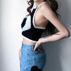 Juwas Black Heart Knitted Backless Halter Top