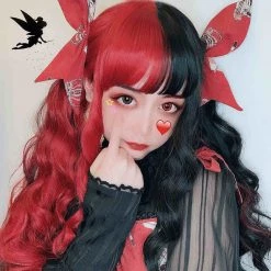 Juwas Gothic Two-Tone Black-Red Wavy Long Hair Wig