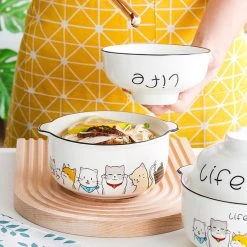 Juwas Cute Cartoon Kitties Print Ceramic Noodle Bowl Set