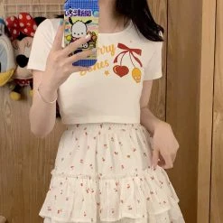 Juwas NEW ARRIVAL Sweet Cherry Print Cotton Short T-shirt