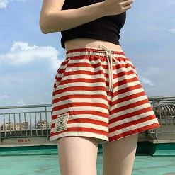 Juwas Red Strip Cotton Loose Shorts