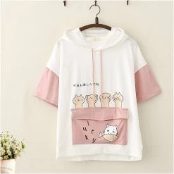 Juwas Japanese Letter Cats Print T-shirt Denim Short Set NEW ARRIVAL