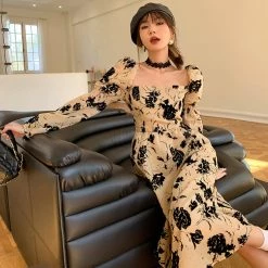 Juwas Vintage Beige Floral Puff Sleeve Dress CLOTHING