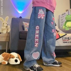 Juwas NEW ARRIVAL Sweet Bunny Hearts Patched Denim Loose Jeans