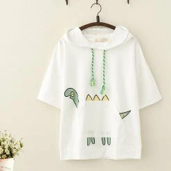 Juwas Kawaii Dinosaur Print Front Pocket Hooded T-Shirt NEW ARRIVAL