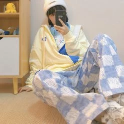 Juwas NEW ARRIVAL Harajuku Street Blue Checkered Loose Pants