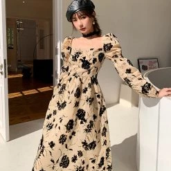 Juwas Vintage Beige Floral Puff Sleeve Dress CLOTHING