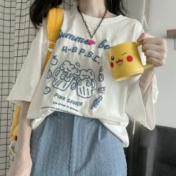 Juwas Summer Bear Letter Print Round Collar T-shirt