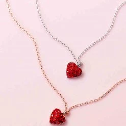 Juwas Red Heart Crystal Pendant Silver Necklace
