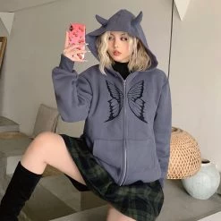 Juwas Butterfly Print Zip Up Little Devil Hoodie