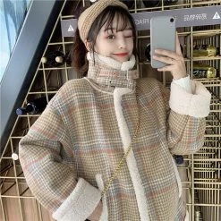 Juwas Vintage Plaid Warm Short Cotton Coat