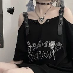 Juwas Gothic Letters Rose Print Off-The-Shoulder Long T-shirt NEW ARRIVAL