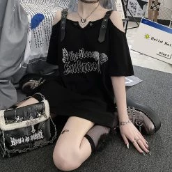 Juwas Gothic Letters Rose Print Off-The-Shoulder Long T-shirt NEW ARRIVAL