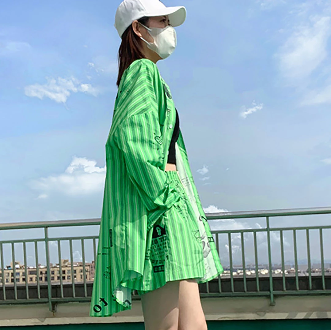 Juwas NEW ARRIVAL Stripe Graffiti-art Green Shirt Short Streetwear 5 Juwas NEW ARRIVAL Stripe Graffiti-art Green Shirt Short Streetwear