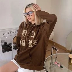 Juwas Brown Letters Embroidery Zip Up Hoodie NEW ARRIVAL