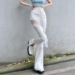 Juwas Chic White Lace Mesh Cut Wide Leg Jeans