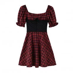 Juwas Vintage Red Plaid Vest Puff Sleeve Mini Dress NEW ARRIVAL