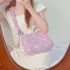 Juwas Lavender Daisy And Checkered Print Shoulder Bag