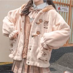 Juwas NEW ARRIVAL Cute Fuzzy Bear Embroidered Cotton Hooded Coat