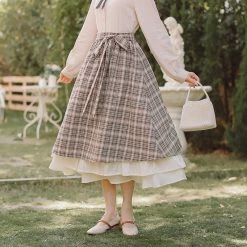 Juwas CLOTHING Vintage Plaid Tie-Up Belt Midi Long Skirt
