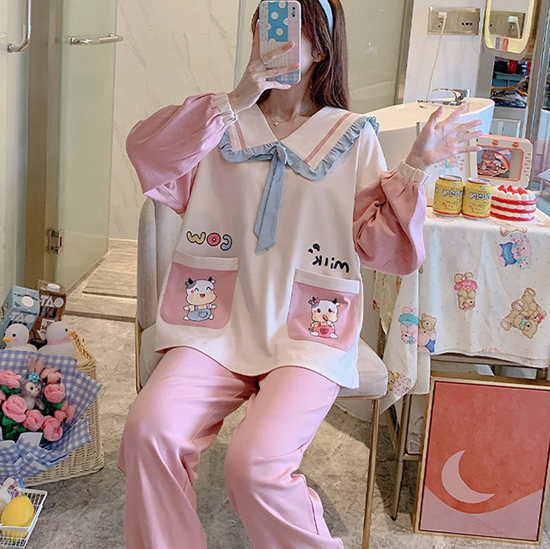 Juwas Cartoon Cows Print Pockets Pajamas Set 7 Juwas Cartoon Cows Print Pockets Pajamas Set