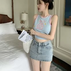 Juwas Letters Print Blue Short Tops