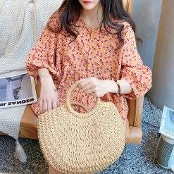 Juwas NEW ARRIVAL Vintage Floral Round Collar Loose Cotton Shirt