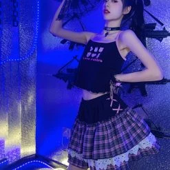 Juwas Pink Gothic Princess Plaid Ruffle Mini Skirt