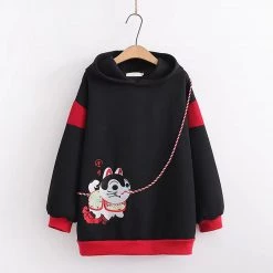 Juwas Vintage Lucky Cat Embroidery Warm Hoodie