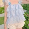 Juwas Blue Flower Polka Dot Ruffle Sleeveless Blouse