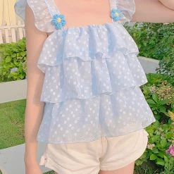 Juwas Blue Flower Polka Dot Ruffle Sleeveless Blouse