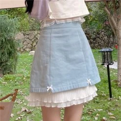 Juwas Ribbon Lace Up Ruffle High Waisted Denim Skirt