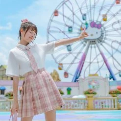 Juwas School Uniform Polo Shirt With Pink Plaid Neck Tie