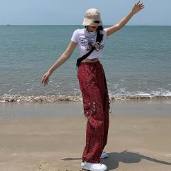 Juwas Gothic Chain Pocket Plaid Loose Cargo Pants NEW ARRIVAL