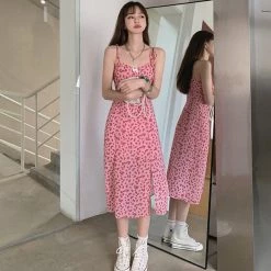 Juwas Pink Leopard Spaghetti Maxi Dress