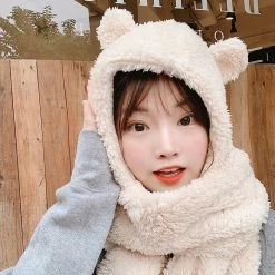 -Juwas Kawaii Bear Ears Warm Hat Scarf