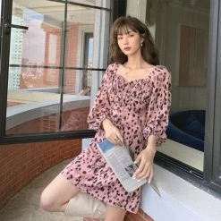 Juwas CLOTHING Pink Leopard Bell Long Sleeve Mini Dress