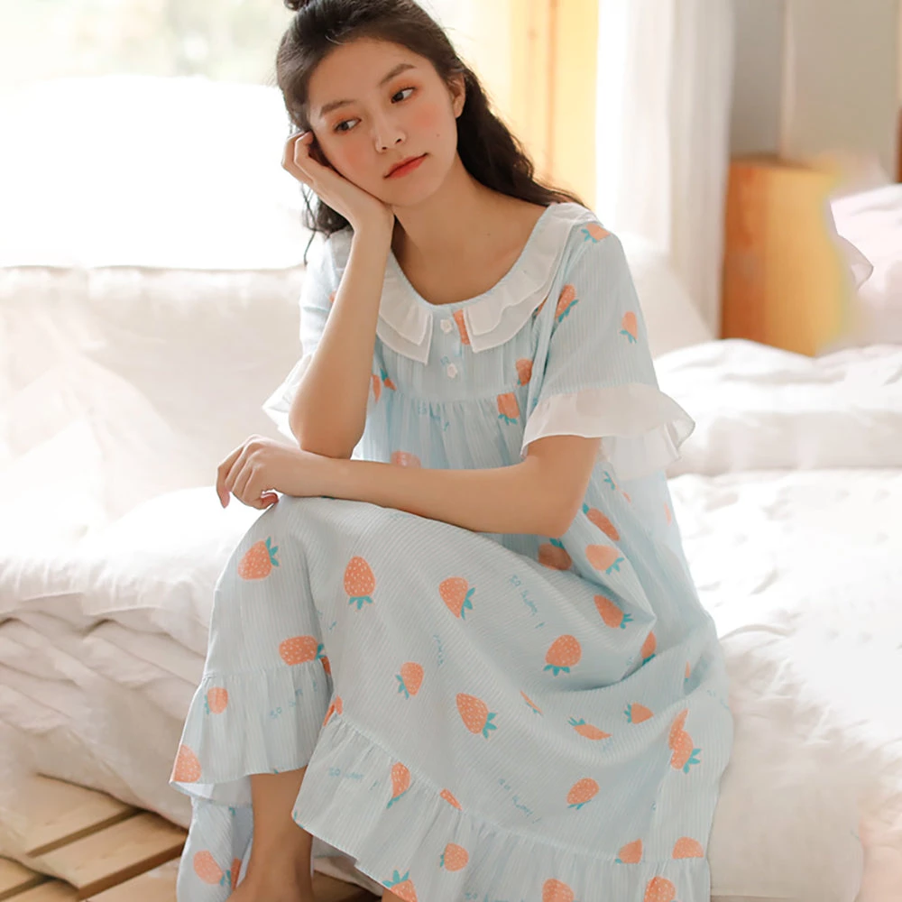 Juwas Sweet Strawberry Cotton Sheer Nightgown- Pink And Blue 5 Juwas Sweet Strawberry Cotton Sheer Nightgown- Pink And Blue