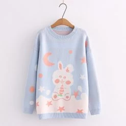 Juwas Moon Stars Rabbit Print Loose Sweater CLOTHING