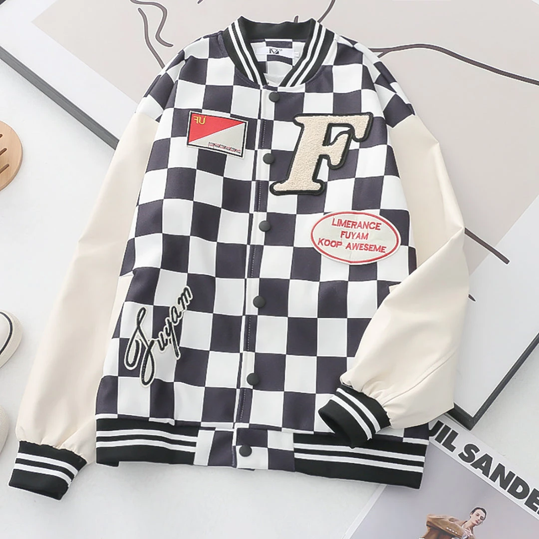 Juwas CLOTHING Checkered Print Pocket Baseball Jacket 4 Juwas CLOTHING Checkered Print Pocket Baseball Jacket