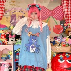 Juwas Bear Print V-neck Vest Sweater