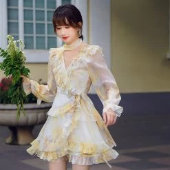 Juwas French Yellow Lotus Ruffle Mini Dress CLOTHING