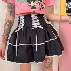 Juwas Gothic Lolita Lace Waist Ruffle Mini Skirt